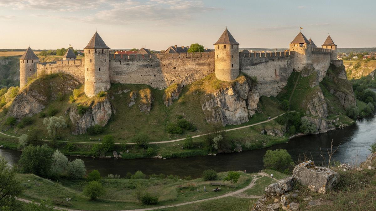 The Kamianets-Podilskyi fortress rising above the Smotrych river gorge in late afternoon light